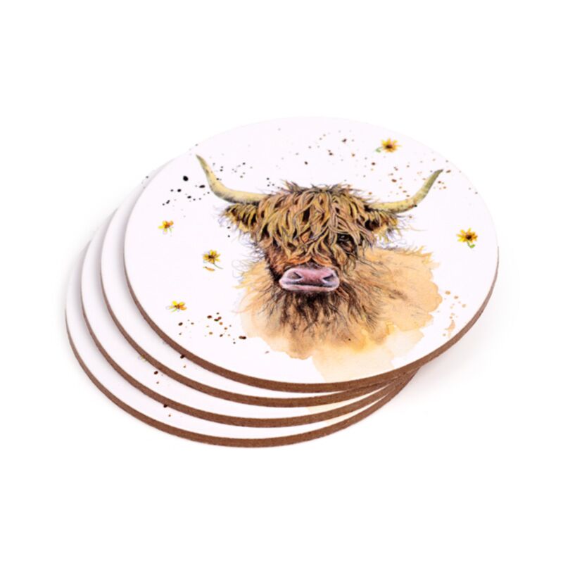 Jan Pashley Highland Coo Cow Set of 4 Cork Coasters