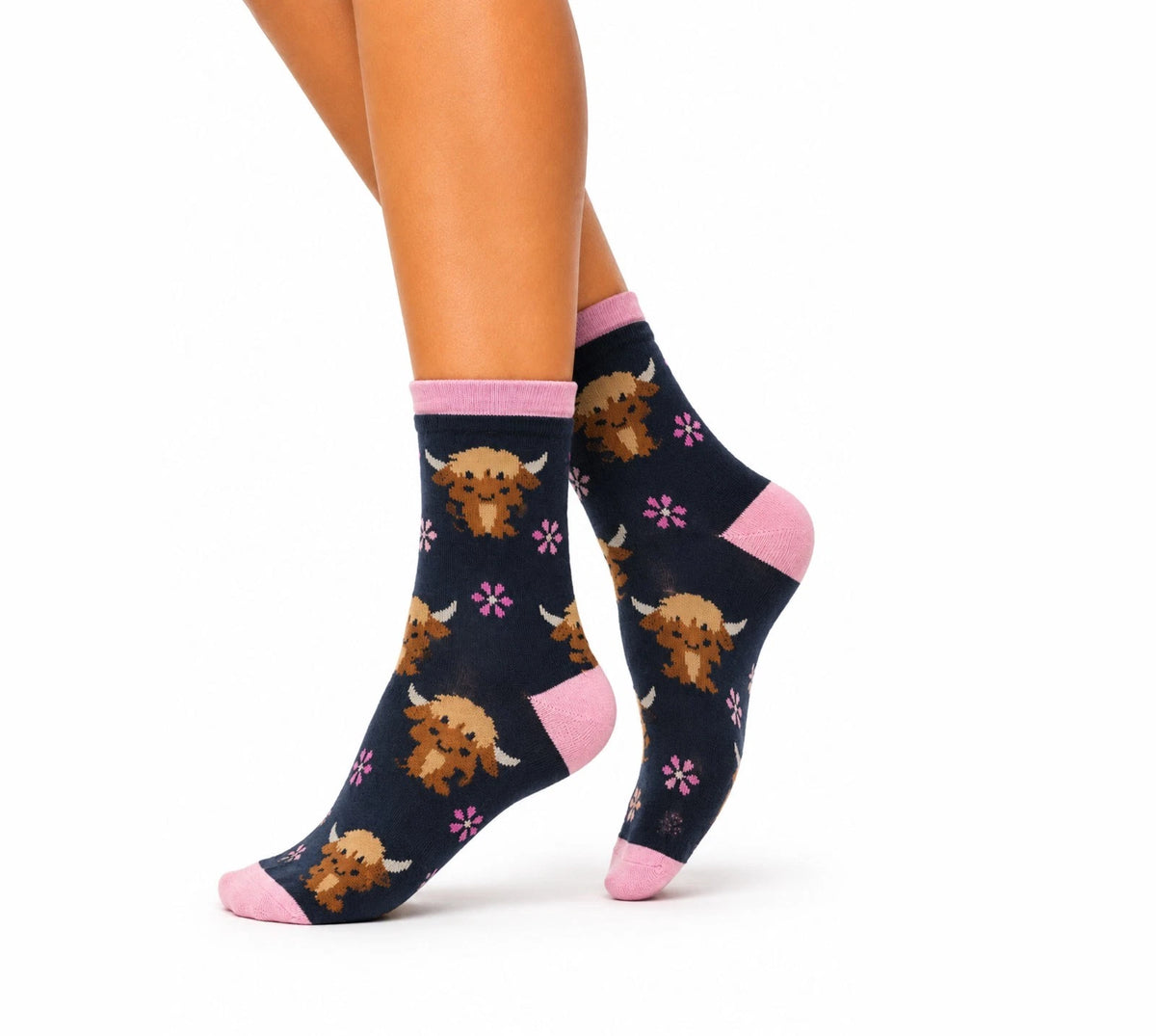 Ladies 3 Pack Highland Cow Print Thermal Socks