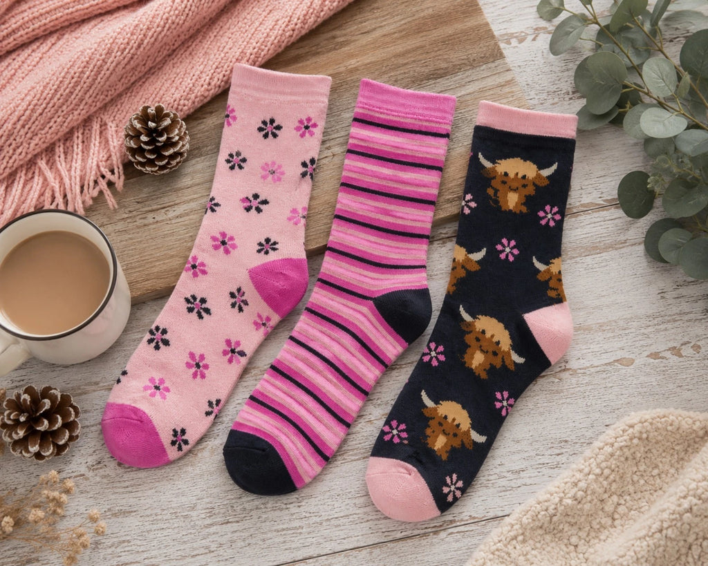 Ladies 3 Pack Highland Cow Print Thermal Socks