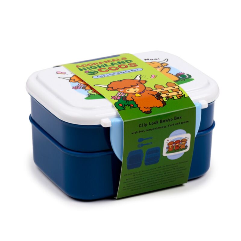 Adoramals Highland Coo Cow Clip Lock Stacked Bento Lunch Box with Cutlery