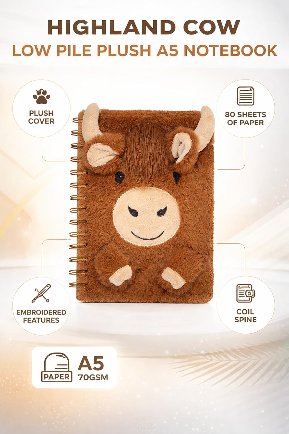 Highland Cow Plush A5 Notebook with Soft Fur Cover