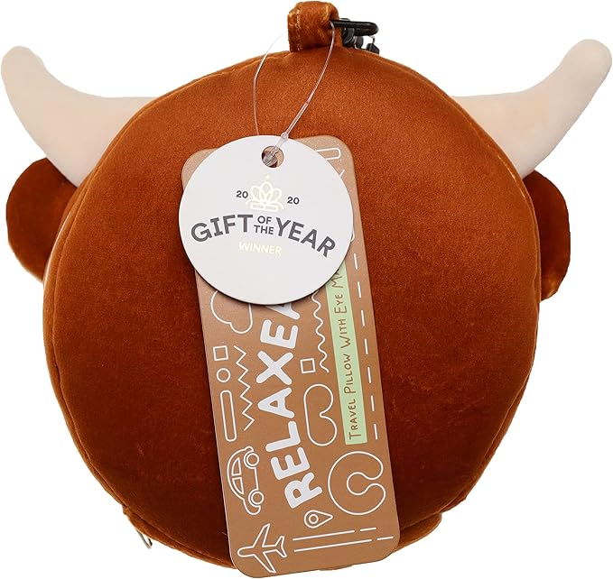 Relaxeazzz Highland Coo Cow Plush Travel Pillow & Eye Mask