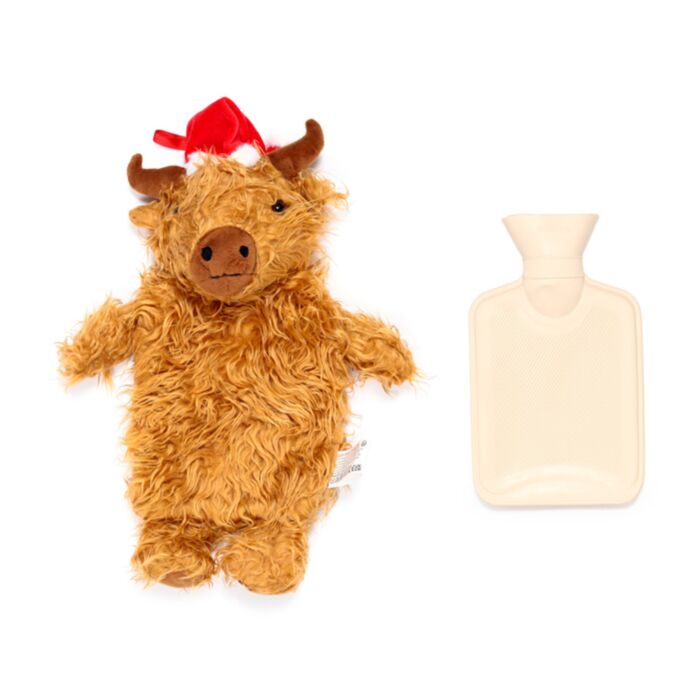 Christmas Highland Cow 650ml Hot Water Bottle With Plush Cover Gift