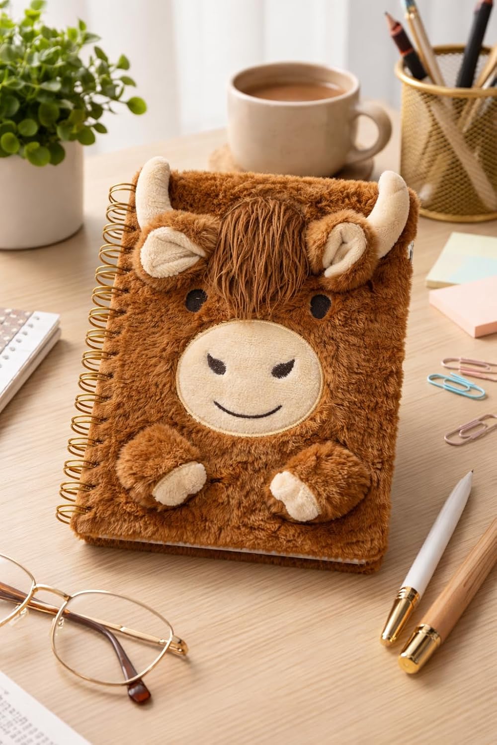 Highland Cow Plush A5 Notebook with Soft Fur Cover