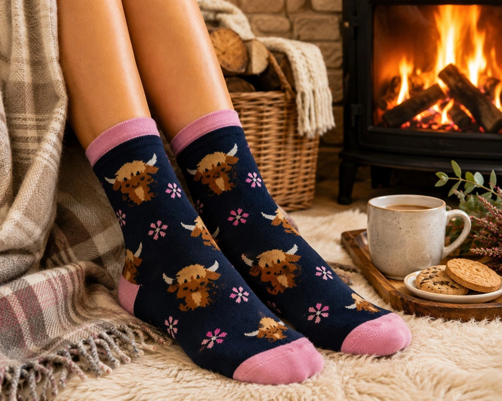 Ladies 3 Pack Highland Cow Print Thermal Socks