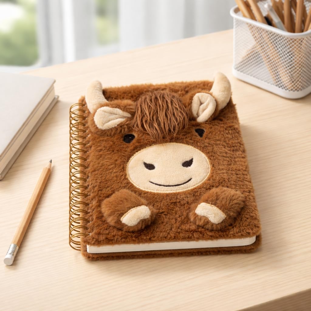 Highland Cow Plush A5 Notebook with Soft Fur Cover
