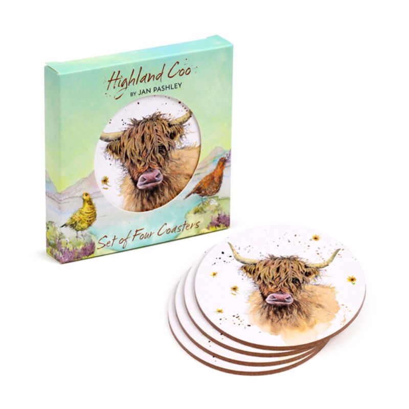 Jan Pashley Highland Coo Cow Set of 4 Cork Coasters