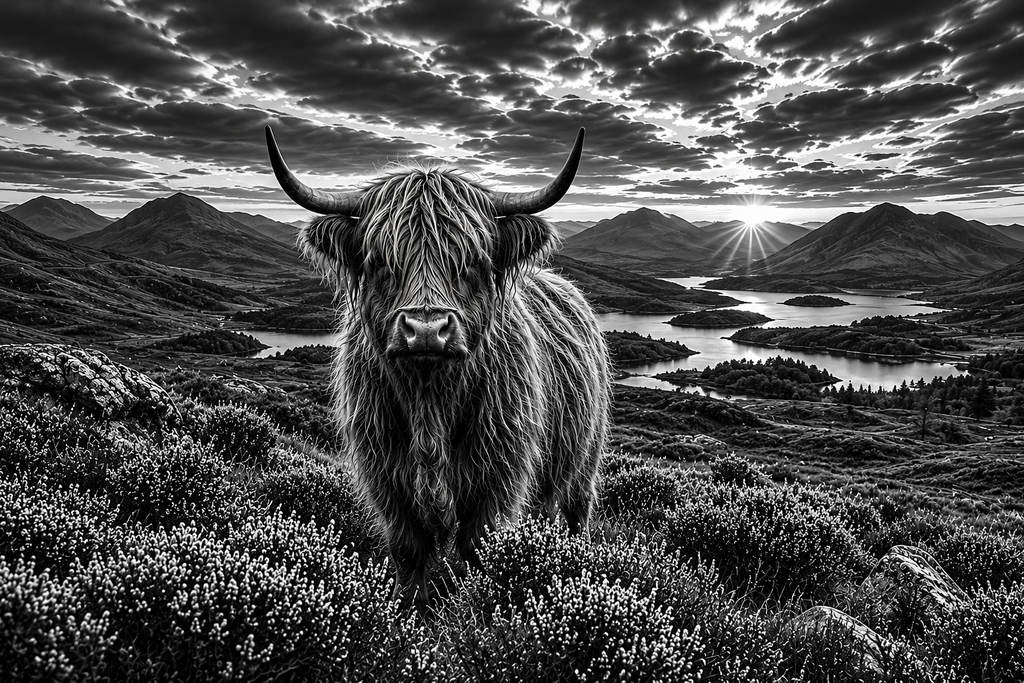Heather Majesty | Black & White Highland Cow Fine Art Print