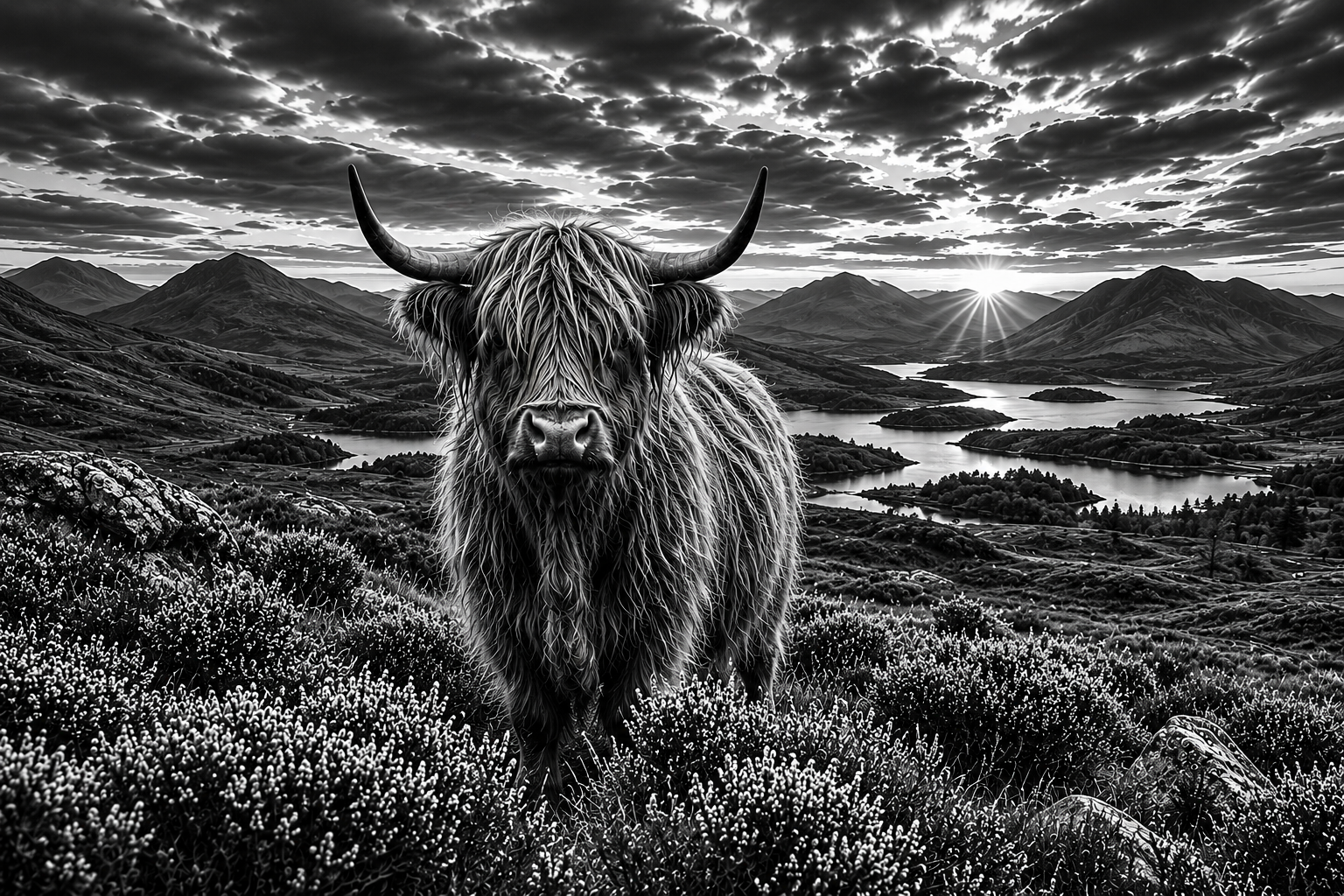 Heather Majesty | Black & White Highland Cow Fine Art Print