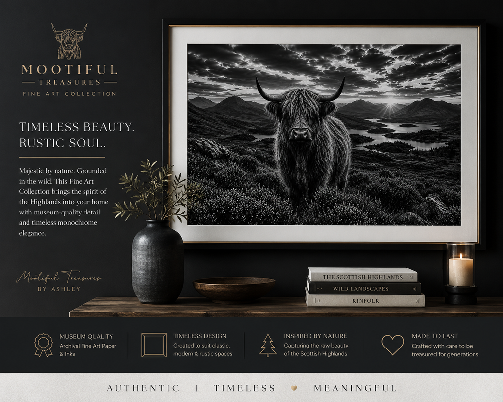Heather Majesty | Black & White Highland Cow Fine Art Print