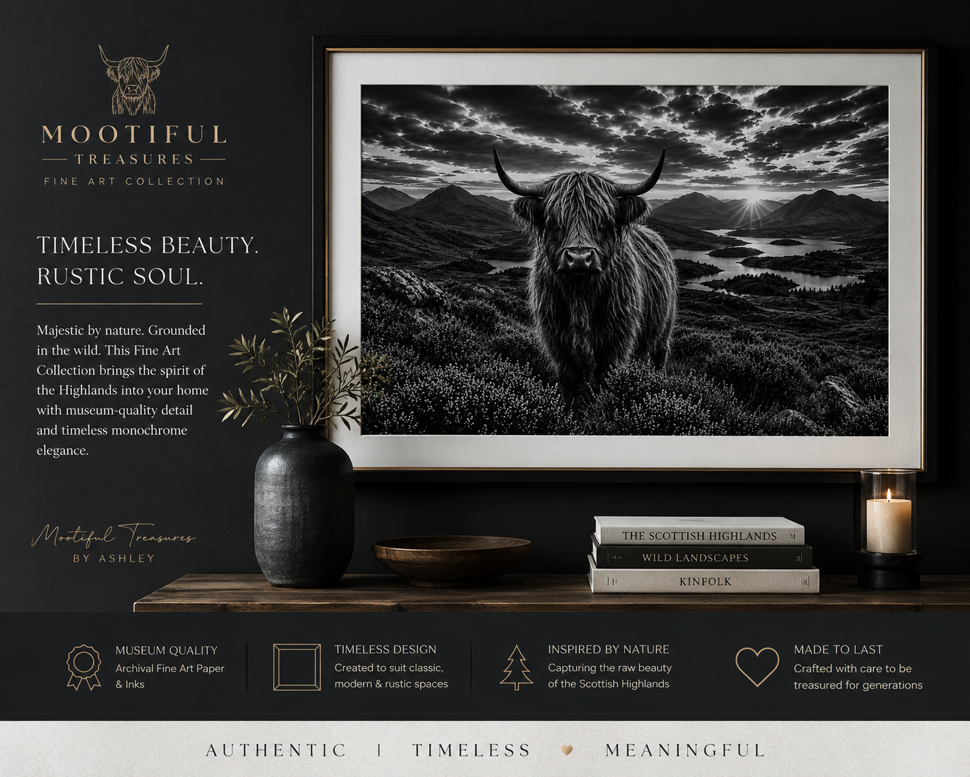 Heather Majesty | Black & White Highland Cow Fine Art Print
