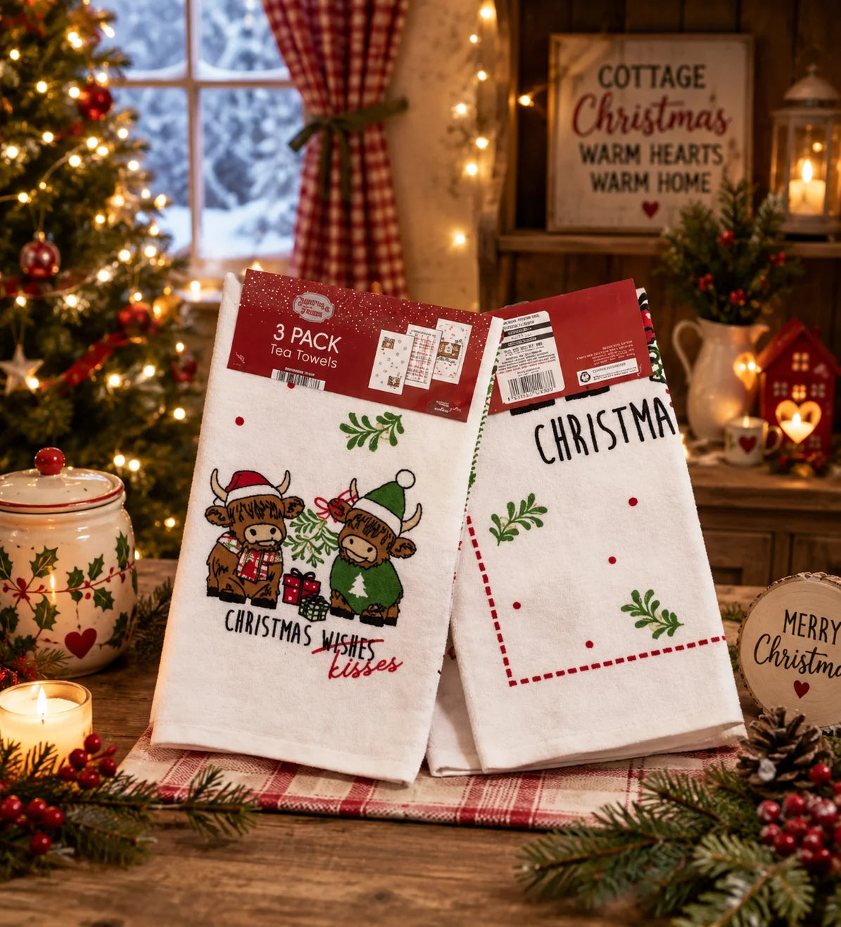 Christmas Kisses Highland Cow Tea Towels - 3 pack