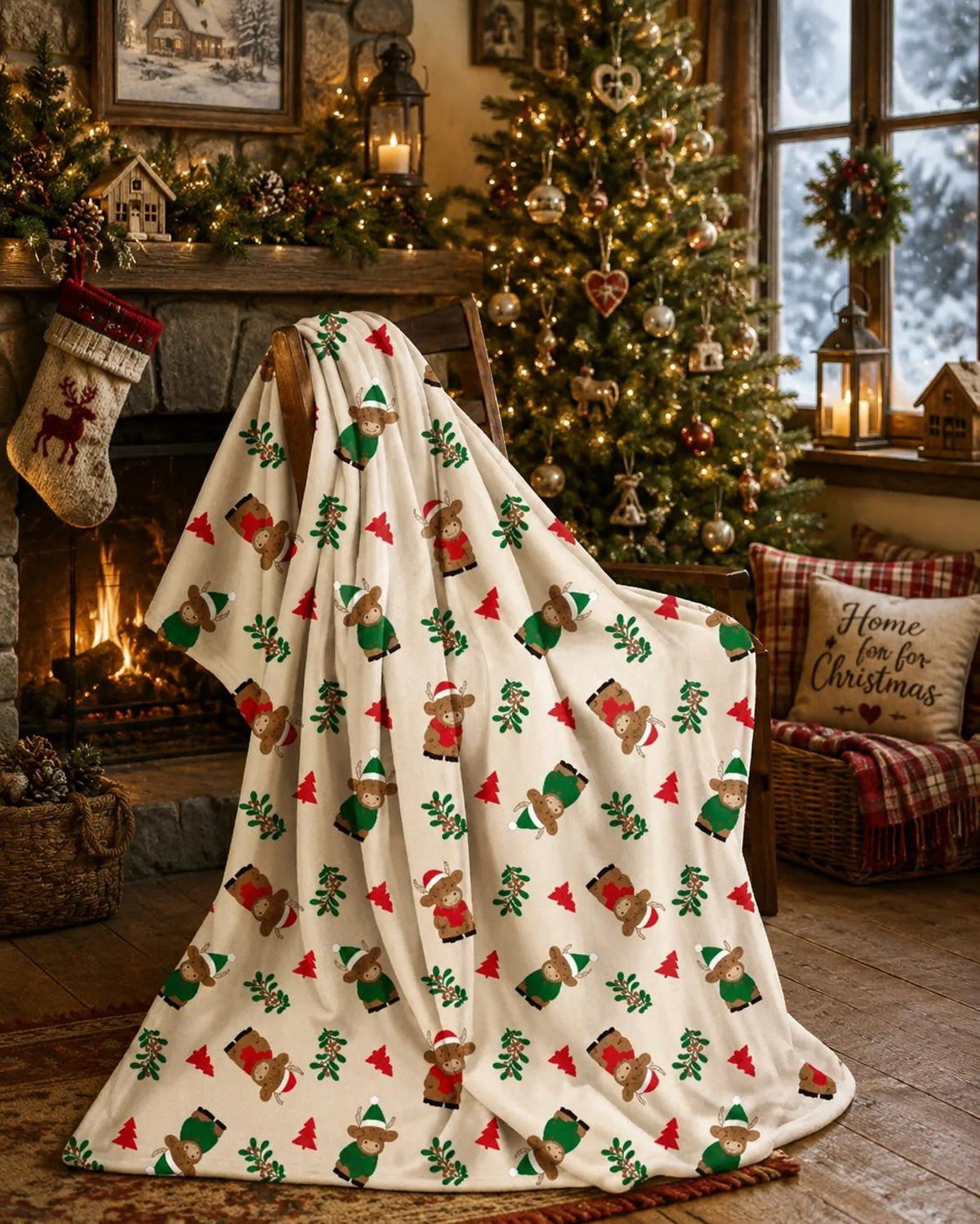 Christmas Kisses Highland Cow Design Fleece Blanket Throw