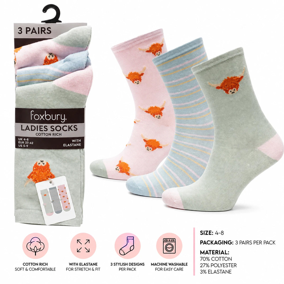 Ladies 3 Pack Highland Cow Design Socks