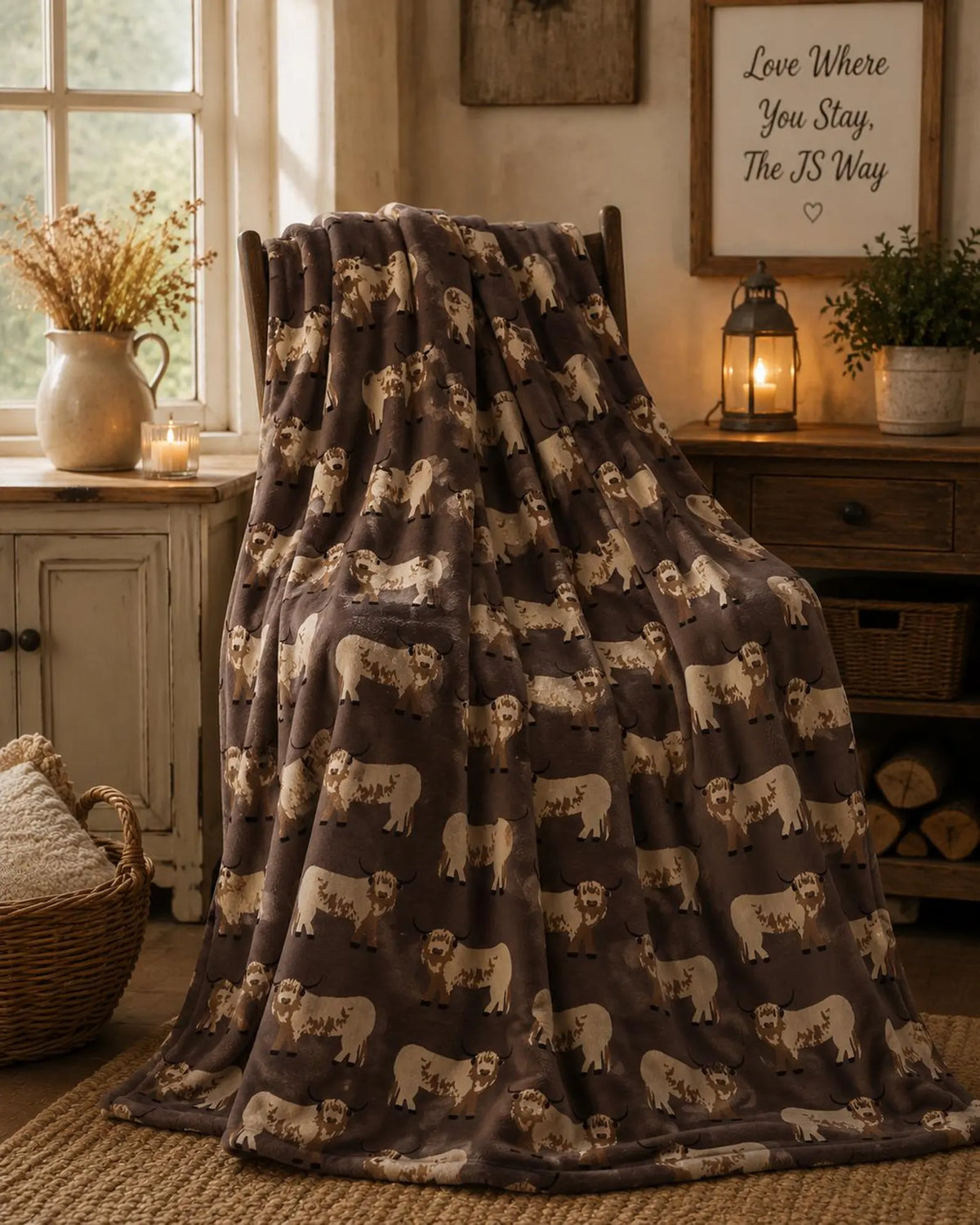 Highland Cow Luxury Design Flannel Throws with Sherpa Reverse - Mocha
