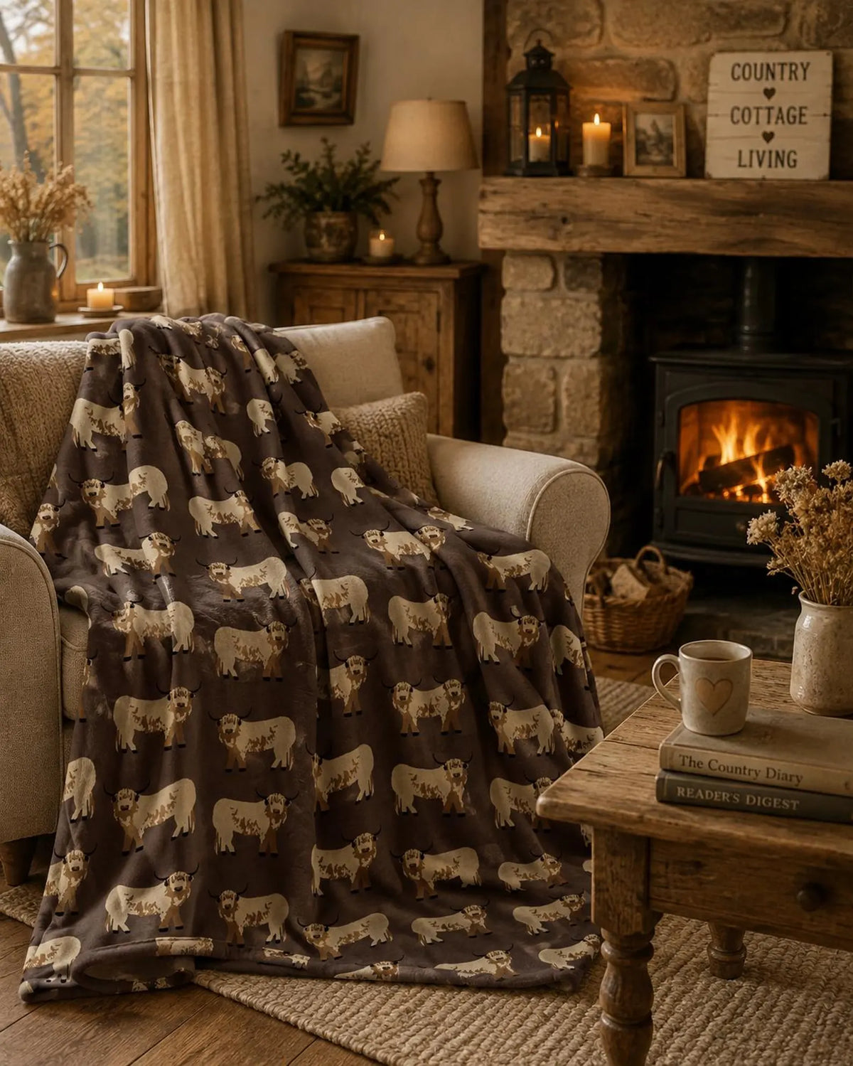 Highland Cow Luxury Design Flannel Throws with Sherpa Reverse - Mocha