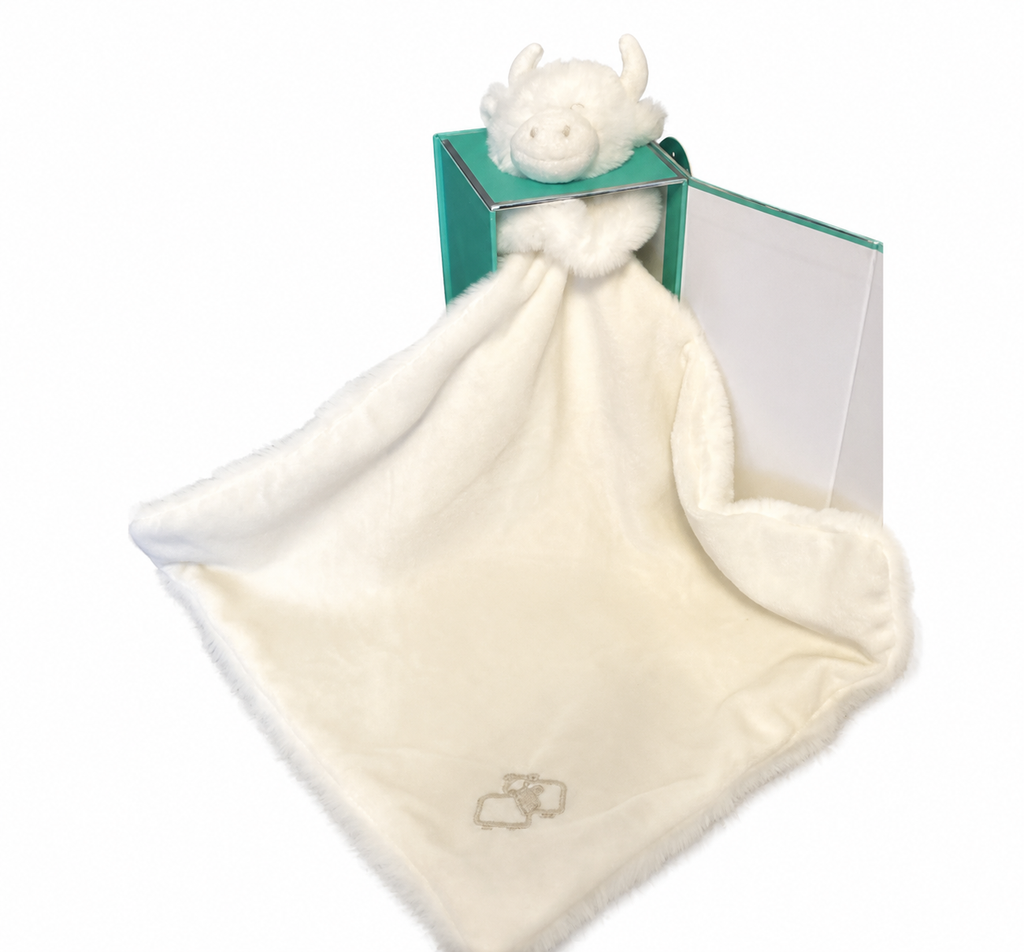 Cream Highland Coo Cow Baby Toy Soother Comforter & Soother Box