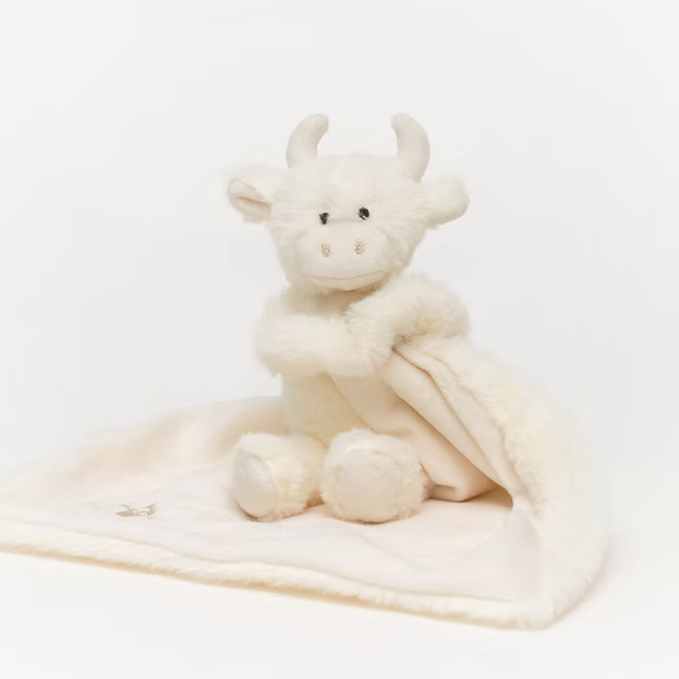 Cream Highland Coo Cow Baby Toy Soother Comforter & Soother Box