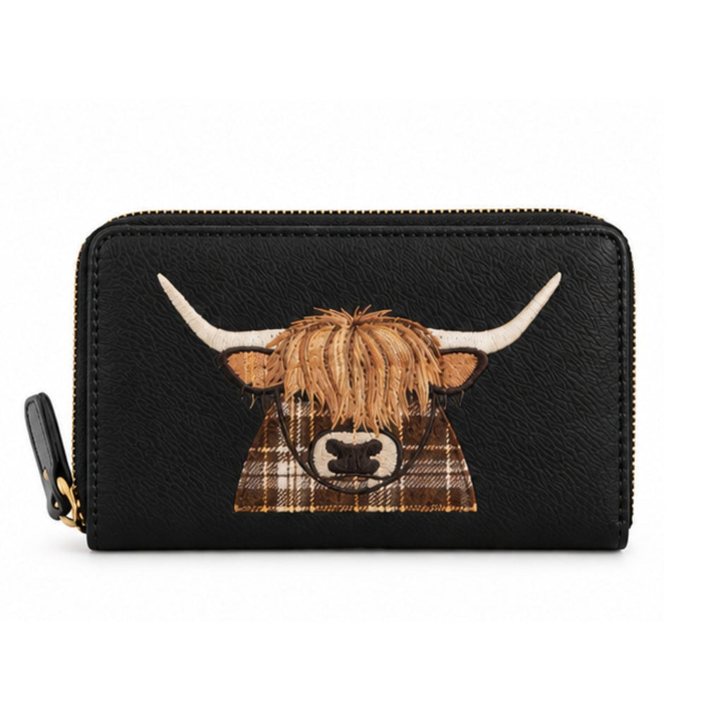 Highland Cow Zip Purse With Coin And Card Slots - Black