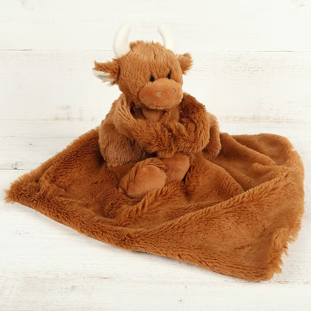 Brown Highland Coo Cow Baby Toy Soother Comforter & Soother Box