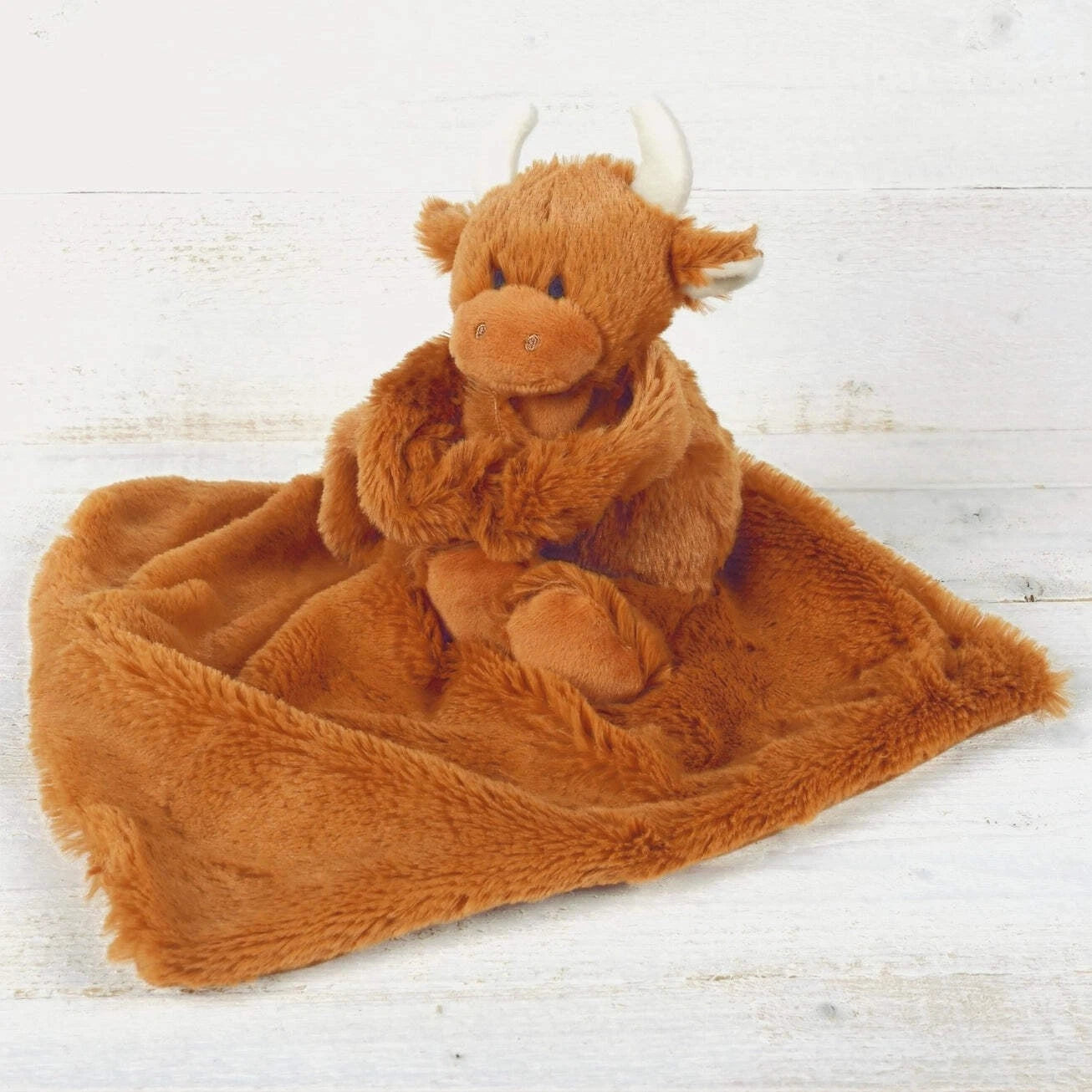 Brown Highland Coo Cow Baby Toy Soother Comforter & Soother Box