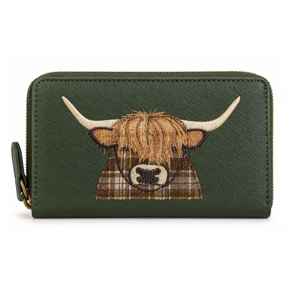 Highland Cow Zip Purse With Coin And Card Slots - Green
