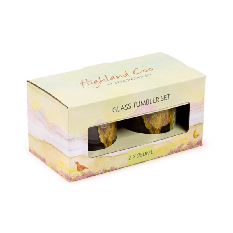 Jan Pashley Highland Coo Cow Set of 2 Glass Tumblers 250ml