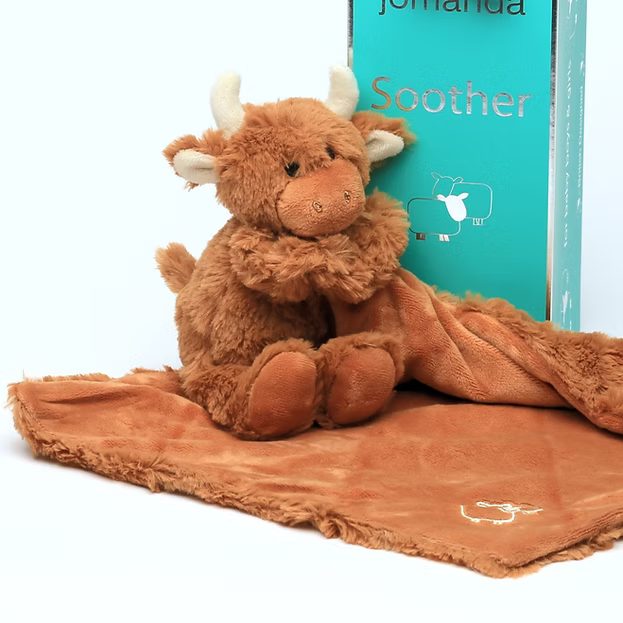 Brown Highland Coo Cow Baby Toy Soother Comforter & Soother Box