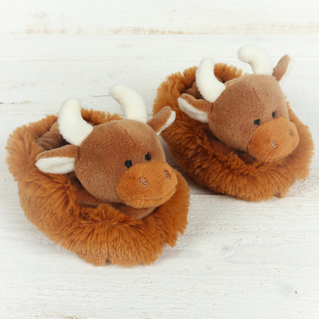 Brown Highland Coo Cow Baby Slippers Brown & Pop Up Box