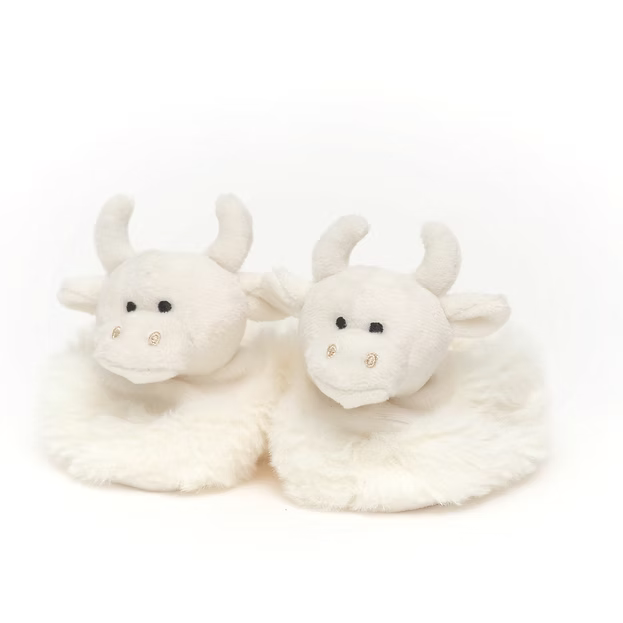 Cream Highland Coo Cow Baby Slippers Brown & Pop Up Box