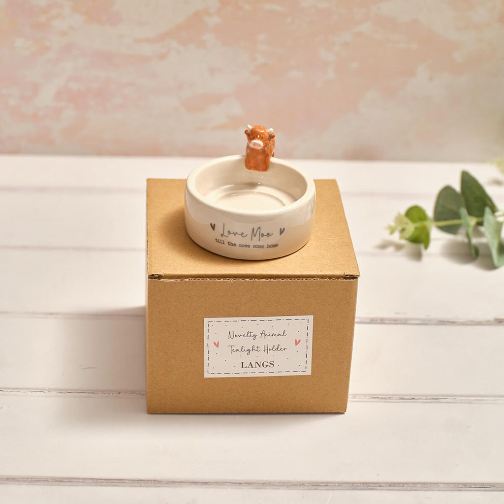 TINY WORLD LOVE MOO HIGHLAND COW TEALIGHT HOLDER