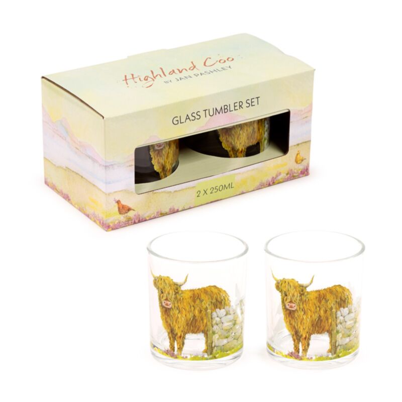 Jan Pashley Highland Coo Cow Set of 2 Glass Tumblers 250ml