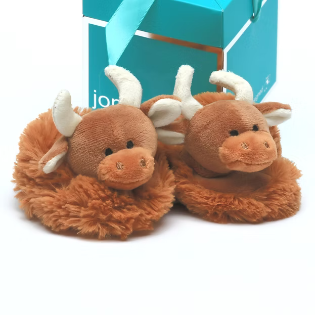 Brown Highland Coo Cow Baby Slippers Brown & Pop Up Box